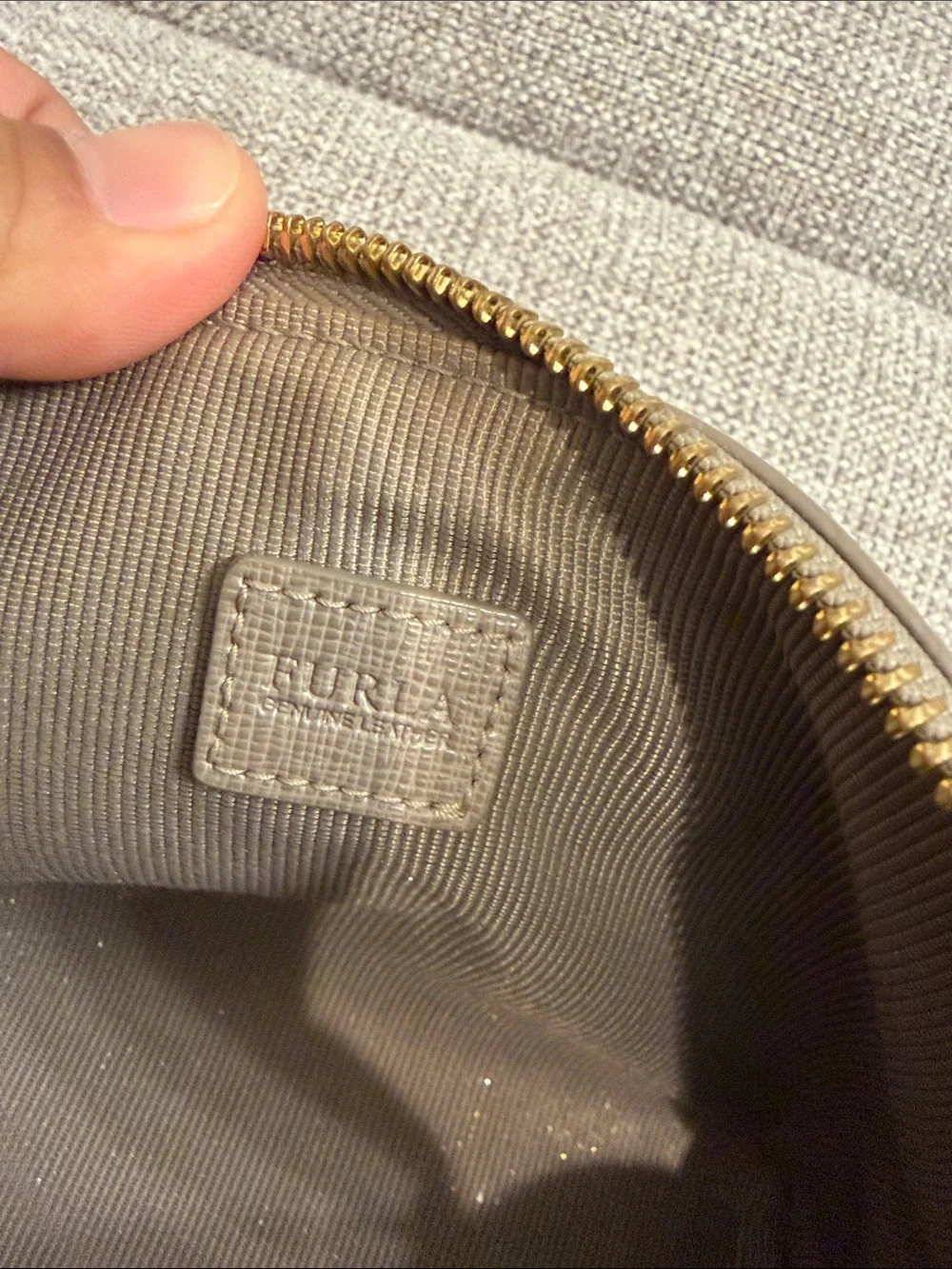 Furla Taupe Saffiano Cosmetic Pouch with Gold Logo